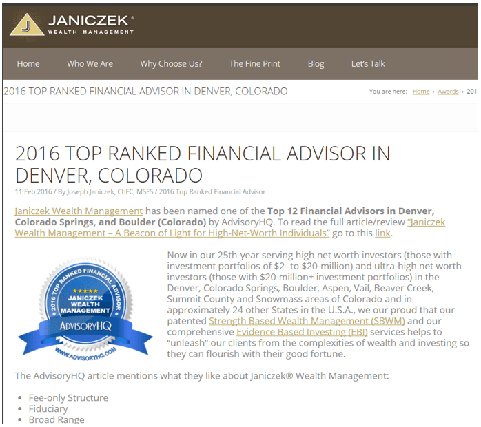 Promoting AdvisoryHQ Award Emblem - Janiczek