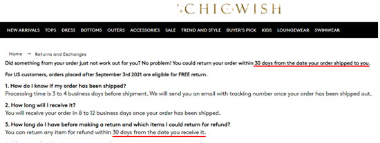 Return and Exchange Policy of Chicwish