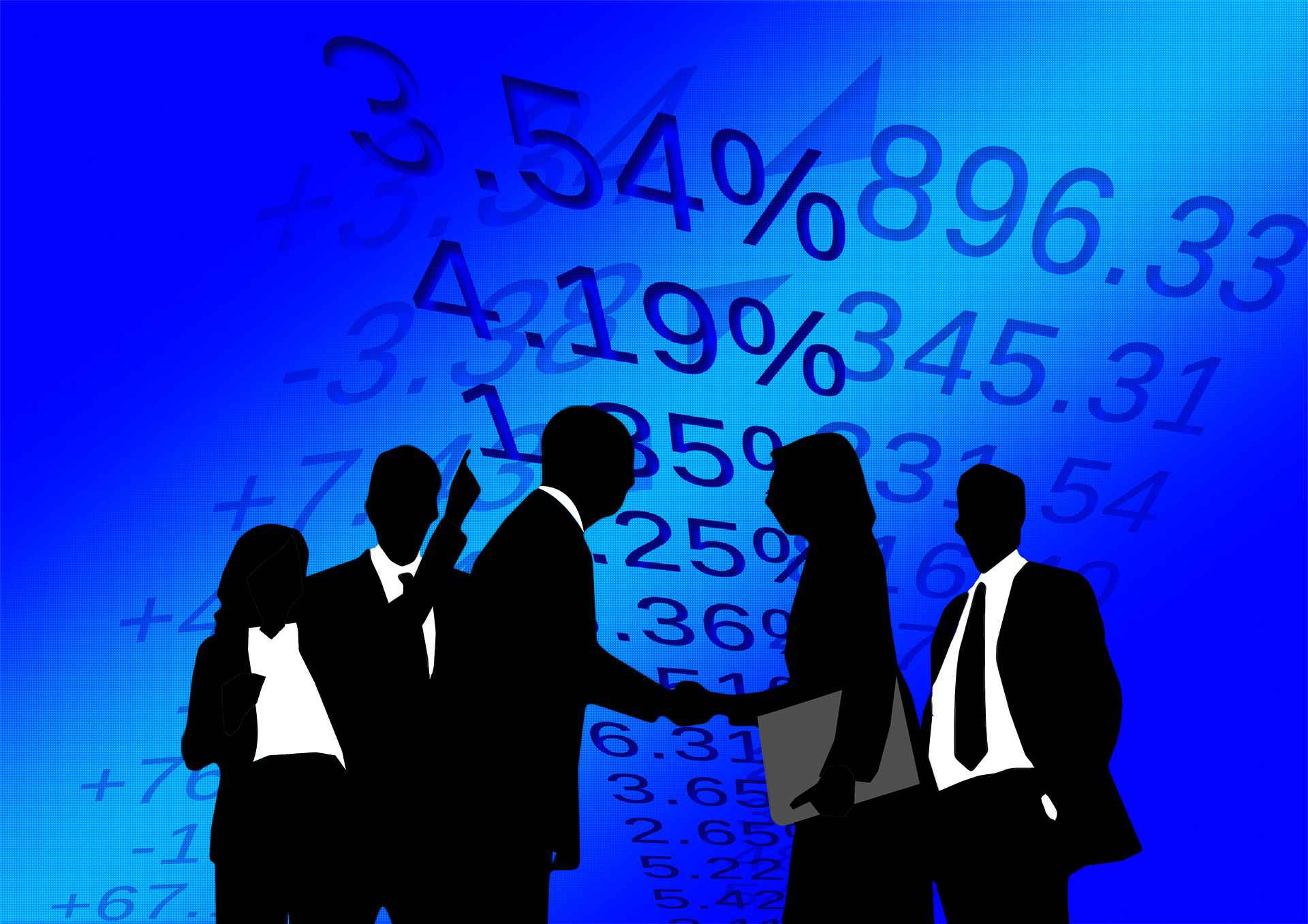 a blue graphic of a group of financial planners wearing suits shaking hands with percentage numbers in the background representing the Certified Financial Planner Requirements