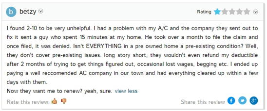 another screenshot of a one-star 2-10 warranty review featuring another example of where the contractor is receiving complaints
