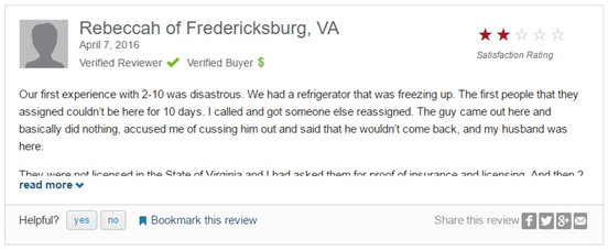 a screenshot of another negative review by Rebeccah of Virginia giving 2-10 home warranty only 2 stars out of 5. Sourced from consumeraffairs.com 
