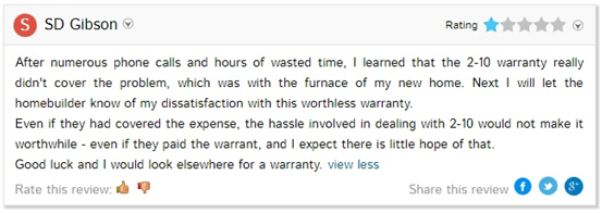 a screenshot of a dissatisfied 2-10 warranty customer giving them only 1 start out of 5