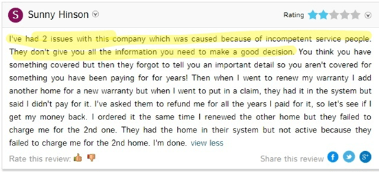 a screenshot of a negative review from Sunny Hinson giving them 2 stars out of 5. Sourced from consumeraffairs.com 