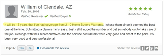 a screenshot of a positive 2-10 home warranty review from a customer of more that ten years ago. Sourced from consumeraffairs.com 
