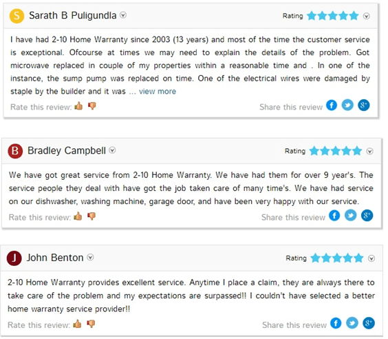 a screenshot of multiple positive 2-10 home warranty reviews. Sourced from consumeraffairs.com 
