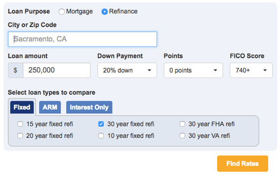 A loan calculator for fixed 15 and 30 year refinance rates sourced from bankrate.com