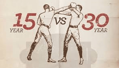 A advertisement graphic of two boxers boxing each other. The left boxer representing a 15 year mortgage vs 30 year mortgage for the right boxer sourced from localfirstbank.com